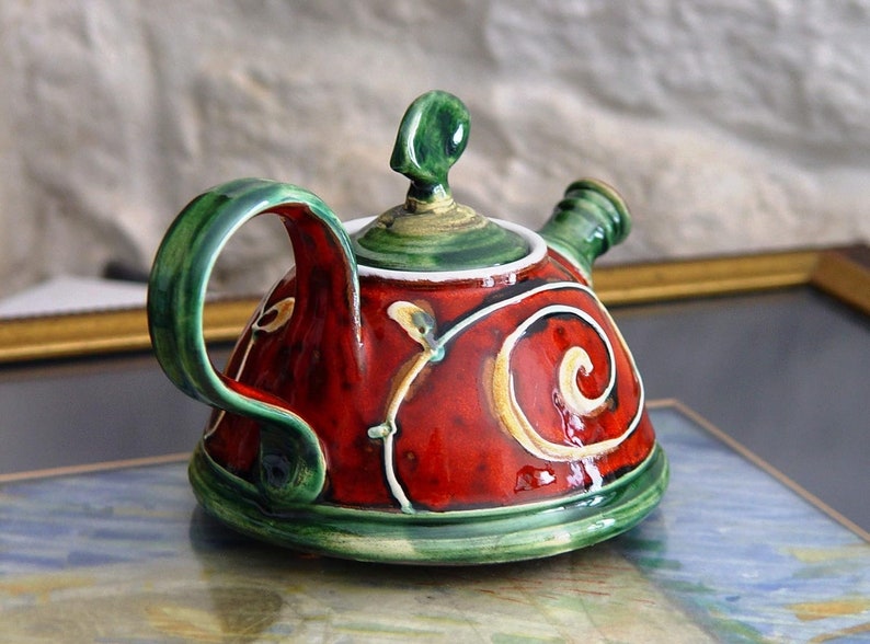 Handmade Ceramic Teapot for One Danko's Artistic Pottery Christmas Gift Small Clay Tea Pot Red, Green, White Colors 400ml Capacity image 9