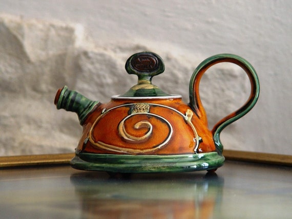 Ceramic Serving Teapot - Handmade by Danko - Orange, Green, White - Unique Pottery Kitchen Decor - Wedding or Birthday Gift - 400ml/13.4 oz