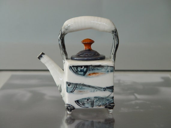 Mackerel - Slip-Casted Pottery Teapot for Two with Handpainted Fish - Unique Porcelain Tea Kettle with Wheel-Thrown Handle - Wedding Gift