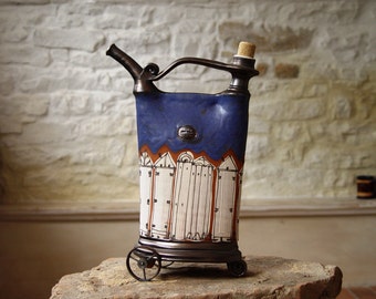 Blue Decorative Pottery Teapot with Iron Elements, Unique Home Decor, Kitchen Decoration, Wheel Thrown Pottery Decor, Danko Pottery