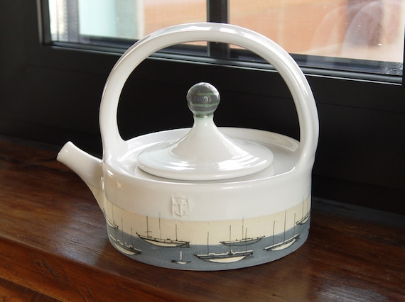 Ocean Theme Stoneware Teapot - Handmade Ceramic Yacht Tea Kettle - Unique Pottery Danko - Durable Artistic Gift for Home & Living