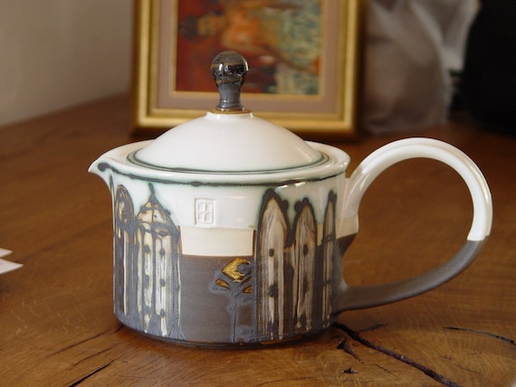 Handmade Stoneware Teapot with Old Buildings - Unique Pottery Pitcher - Hot Water Jug - Ceramic Creamer - Collectible Pottery - Danko Art