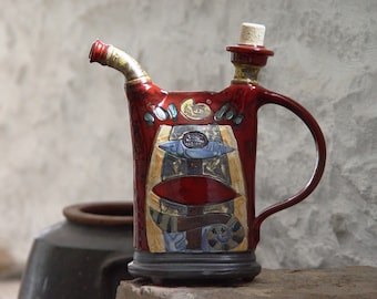 Christmas Gift - Unique Red Ceramic Pitcher with Hand Painted Abstract Decoration. Handmade Pottery Bottle, Wheel Thrown Kitchen Decor