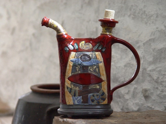 Christmas Gift - Unique Red Ceramic Pitcher with Hand Painted Abstract Decoration. Handmade Pottery Bottle, Wheel Thrown Kitchen Decor