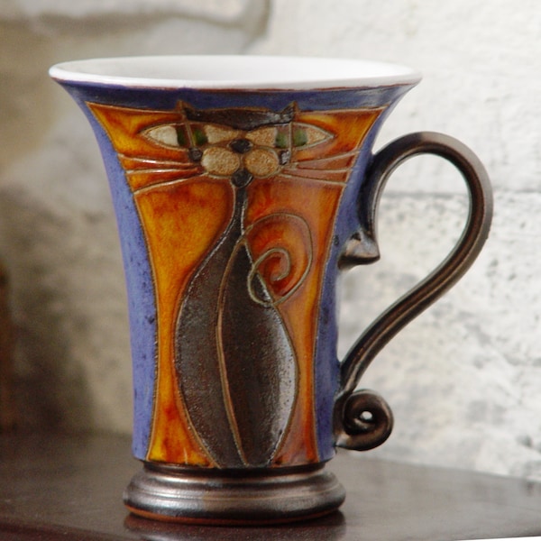 Danko Pottery Blue and Orange Ceramic Cat Mug - Handmade, Wheel Thrown, Matte Finish - Funny Gift - Choose Your Size!