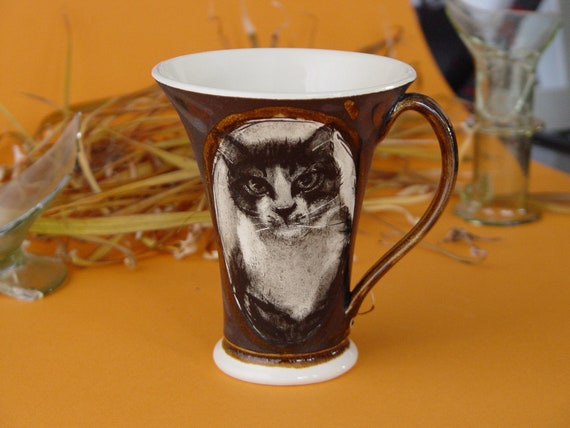 Single Piece Handmade Stoneware Mug - Ceramic Coffee Cup with a Cat - Unique Handcrafted Pottery - Pet Mug - Durable Kitchen Pottery