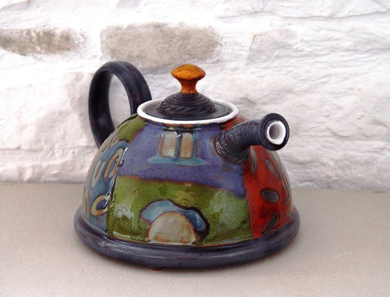 Colorful Handmade Ceramic Teapot Danko Pottery Unique Clay Tea Pot with Hand Painted Decoration Kitchen and Dining Gift image 7