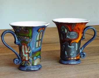 Set of 2 Colorful Hand-Painted Ceramic Coffee Mugs by Danko Pottery - Unique Clay Tea Cups, Elegant Design, Glossy Finish