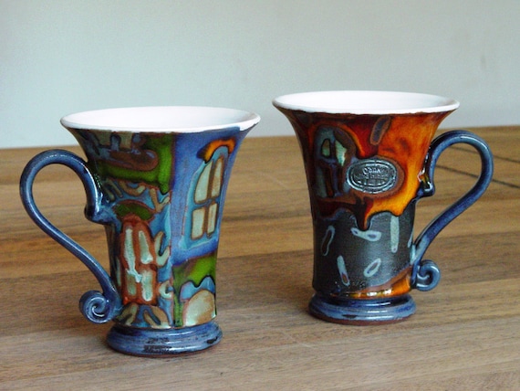 Set of 2 Colorful Hand-Painted Ceramic Coffee Mugs by Danko Pottery - Unique Clay Tea Cups, Elegant Design, Glossy Finish