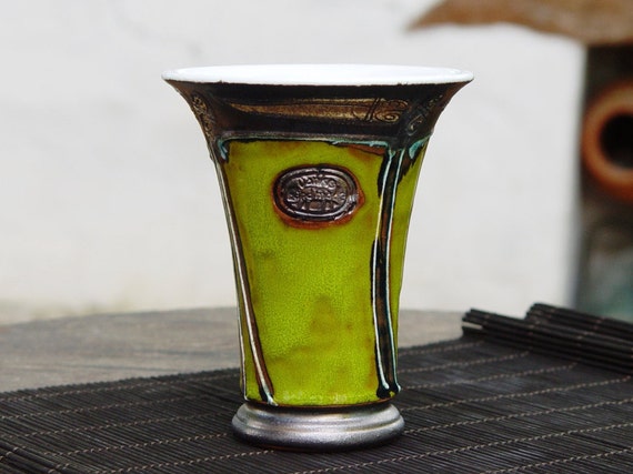 Ceramic Tumbler - Pottery Wine or Water Goblet - Clay Mug with Unique Decoration, Green Handpainted Mug, Wine Set