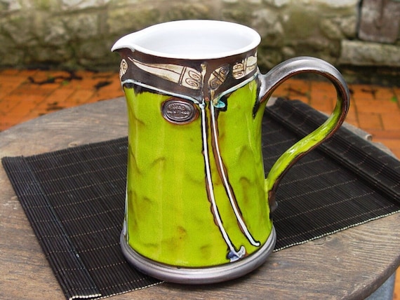 Handmade Green Pottery Pitcher - Wheel Thrown Clay Jug with Abstract Decoration - Danko Art Pottery - Unique Home & Dining Decor