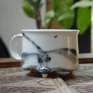 Handmade Stoneware Dragonfly Coffee Mug Unique Teacup 300ml Wheel Thrown Pottery Danko Artistic Mug White Black Orange Gift Mug image 4