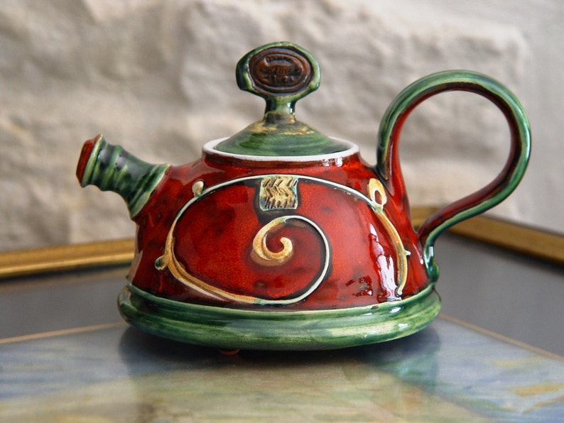 Handmade Ceramic Teapot for One Danko's Artistic Pottery Christmas Gift Small Clay Tea Pot Red, Green, White Colors 400ml Capacity image 3