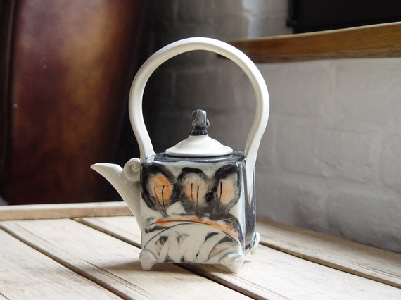 In the Field - Slip-casted Pottery Teapot for Two with Handpainted Landcape - Unique Porcelain Tea Kettle with Elegant Handle - Wedding Gift