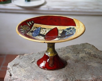 Handmade Ceramic Footed Fruit Bowl - Elegant Red, Blue, Beige Kitchen Decor - Wedding Centerpiece and Serving Tray