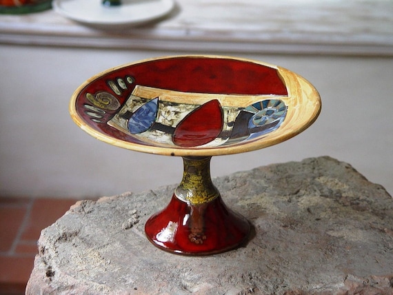 Handmade Ceramic Footed Fruit Bowl - Elegant Red, Blue, Beige Kitchen Decor - Wedding Centerpiece and Serving Tray