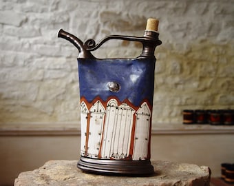 Blue Pottery Pitcher, Handmade Ceramic Bottle, Ceramics and Pottery, Hand Thrown Pitcher, Hand Painted Clay Jug, Unique Home Decor