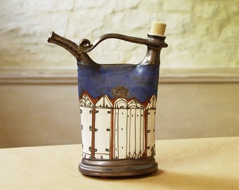 Unique Blue Ceramic Pitcher with Hand Painted Buildings. Handmade Pottery Bottle, Wheel thrown Pottery, Kitchen Decor, Danko