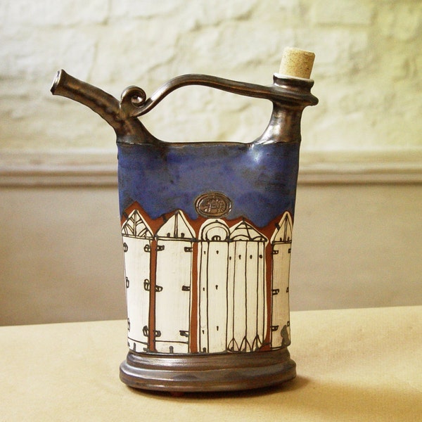 Unique Blue Ceramic Pitcher with Hand Painted Buildings. Handmade Pottery Bottle, Wheel thrown Pottery, Kitchen Decor, Danko