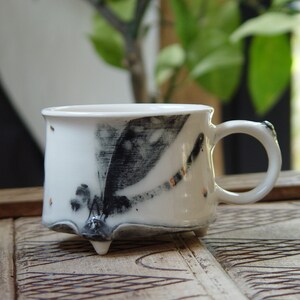 Handmade Stoneware Dragonfly Coffee Mug Unique Teacup 300ml Wheel Thrown Pottery Danko Artistic Mug White Black Orange Gift Mug image 2