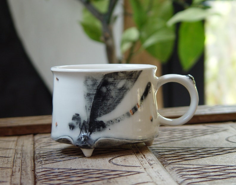 Handmade Stoneware Dragonfly Coffee Mug Unique Teacup 300ml Wheel Thrown Pottery Danko Artistic Mug White Black Orange Gift Mug image 2