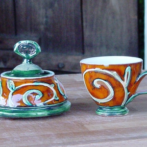 Handmade Danko Pottery Sugar Bowl Orange, Green, White Ceramic Home & Living Kitchen Decor Perfect Gift image 3