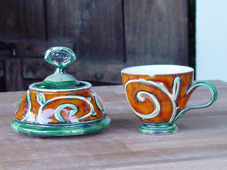 Handmade Danko Pottery Sugar Bowl Orange, Green, White Ceramic Home & Living Kitchen Decor Perfect Gift image 3