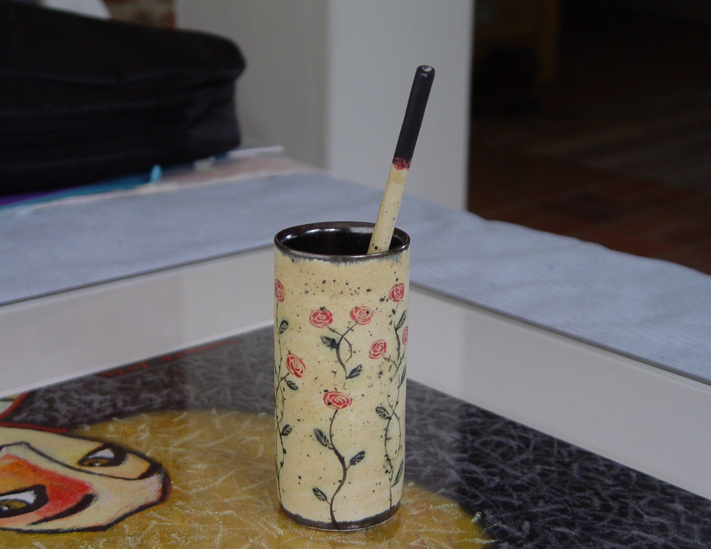 Handmade Ceramic Tumbler with a Straw and Handpainted Roses Stoneware Water Glass Pottery