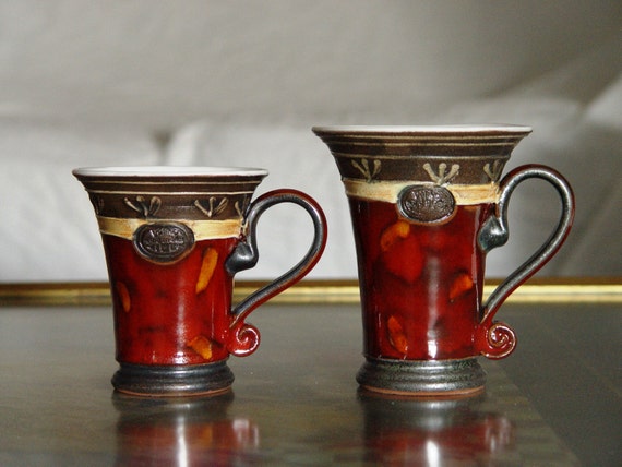 Hand Painted Red Ceramic Mug - Unique Clay Coffee Cup, Artisan Pottery, Elegant Tea Mug - Christmas Gift - Home & Living