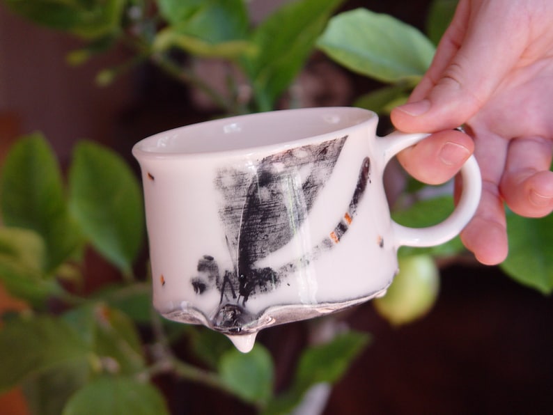 Handmade Stoneware Dragonfly Coffee Mug Unique Teacup 300ml Wheel Thrown Pottery Danko Artistic Mug White Black Orange Gift Mug image 3