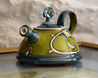 Handmade Ceramic Teapot - Green , White, and Blue Pottery Gift, Wheel Thrown, 400ml, Danko Handmade, Home Kitchen Decor