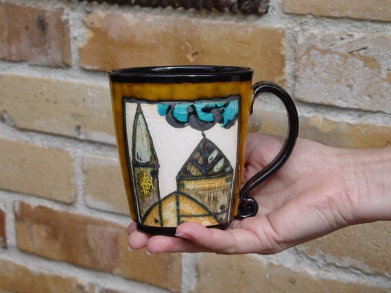 Handmade Buildings Mug - Danko Pottery Art | Colorful Ceramic Cup 11.7 oz | Unique Kitchen Decor Gift - Home & Living