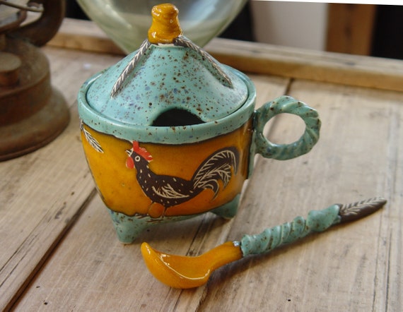 Handmade Stoneware Sugar Bowl with a Spoon - Lidded Pottery Canister - Sugar Basin - Clay Sugar Cellar - Sugar box - Rooster Bowl