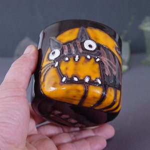 Funny Cat Tumbler Orange and Black Handmade Ceramic Goblet Spooky 12 oz Mug Cold Drinks Mug image 1