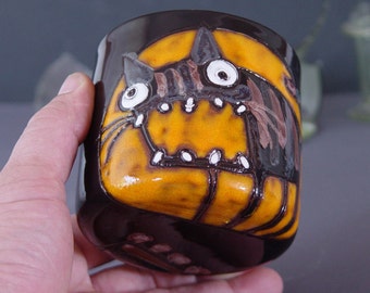 Funny Cat Tumbler - Orange and Black Handmade Ceramic Goblet - Spooky 12 oz Mug - Cold Drinks Mug