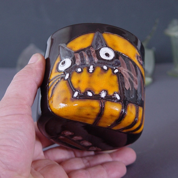 Funny Cat Tumbler - Orange and Black Handmade Ceramic Goblet - Spooky 12 oz Mug - Cold Drinks Mug