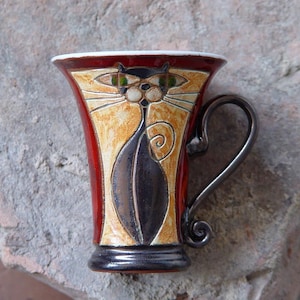 Hand Painted Cat Mug - Unique Pottery Coffee Mug for Cat Lovers - Red, Green, Beige, Black - Choose Your Size!