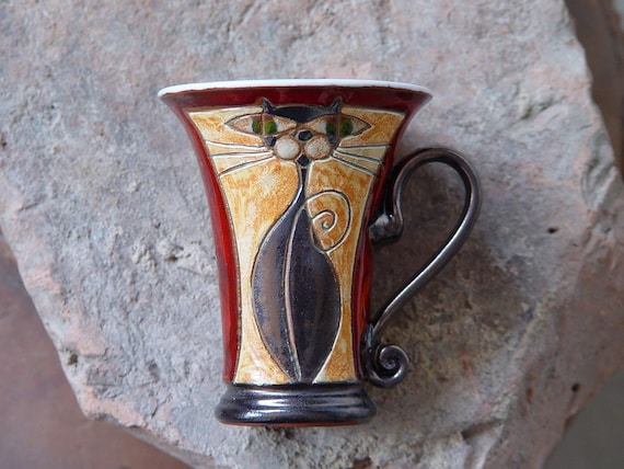 Hand Painted Cat Mug - Unique Pottery Coffee Mug for Cat Lovers - Red, Green, Beige, Black - Choose Your Size!