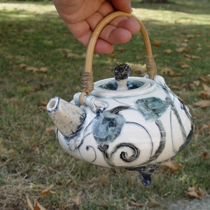 Unique Decorative Stoneware Teapot with Wicker Handle - Home Decor Wheel-thrown Ceramic Tea Kettle - Artistic Pottery - Handmade Gifts