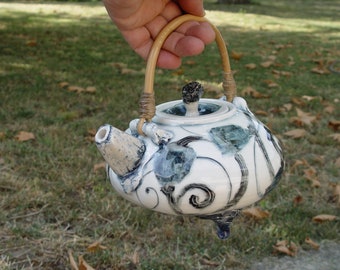 Unique Decorative Stoneware Teapot with Wicker Handle - Home Decor Wheel-thrown Ceramic Tea Kettle - Artistic Pottery - Handmade Gifts