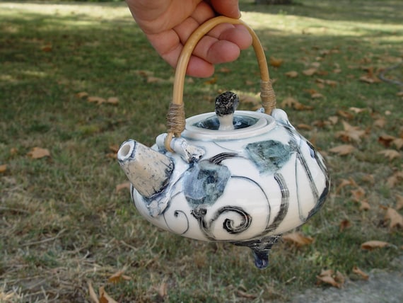 Unique Decorative Stoneware Teapot with Wicker Handle - Home Decor Wheel-thrown Ceramic Tea Kettle - Artistic Pottery - Handmade Gifts