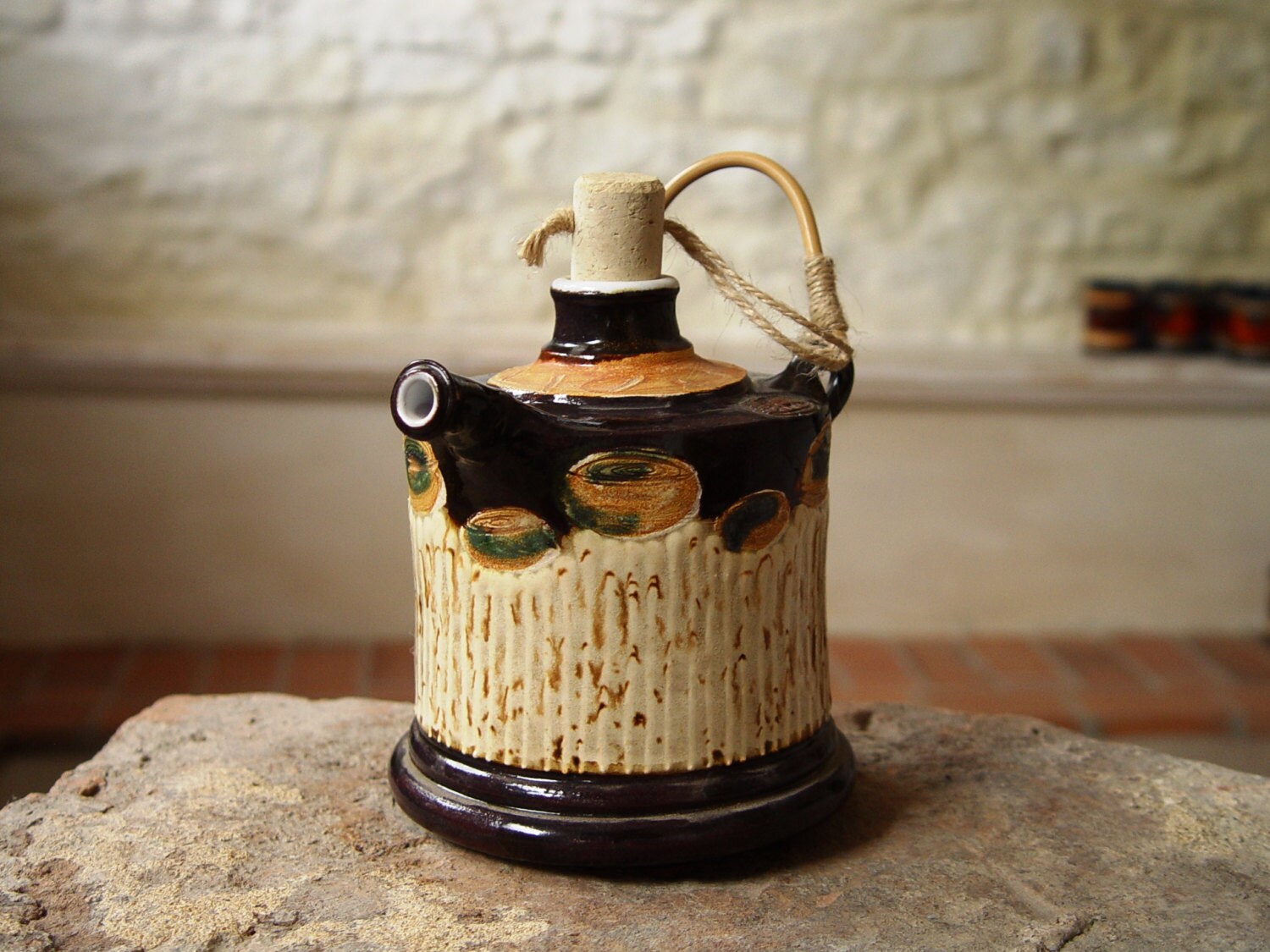 Pottery Bottle with Wicker Handle, Ceramic Pitcher, Wall Hanging