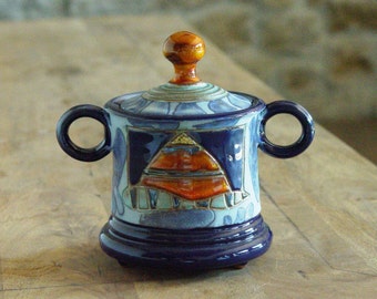 Vibrant Blue and Orange Hand-Painted Ceramic Sugar Bowl with Lid