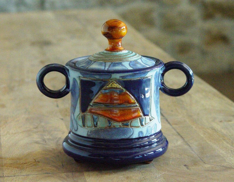 Ceramic Sugar Bowl with Lid, Pottery Sugar Bowl. Handmade Clay Sugar Bowl, Sugar Box, Sugar Keeper, Blue and Orange Sugar Bowl image 1
