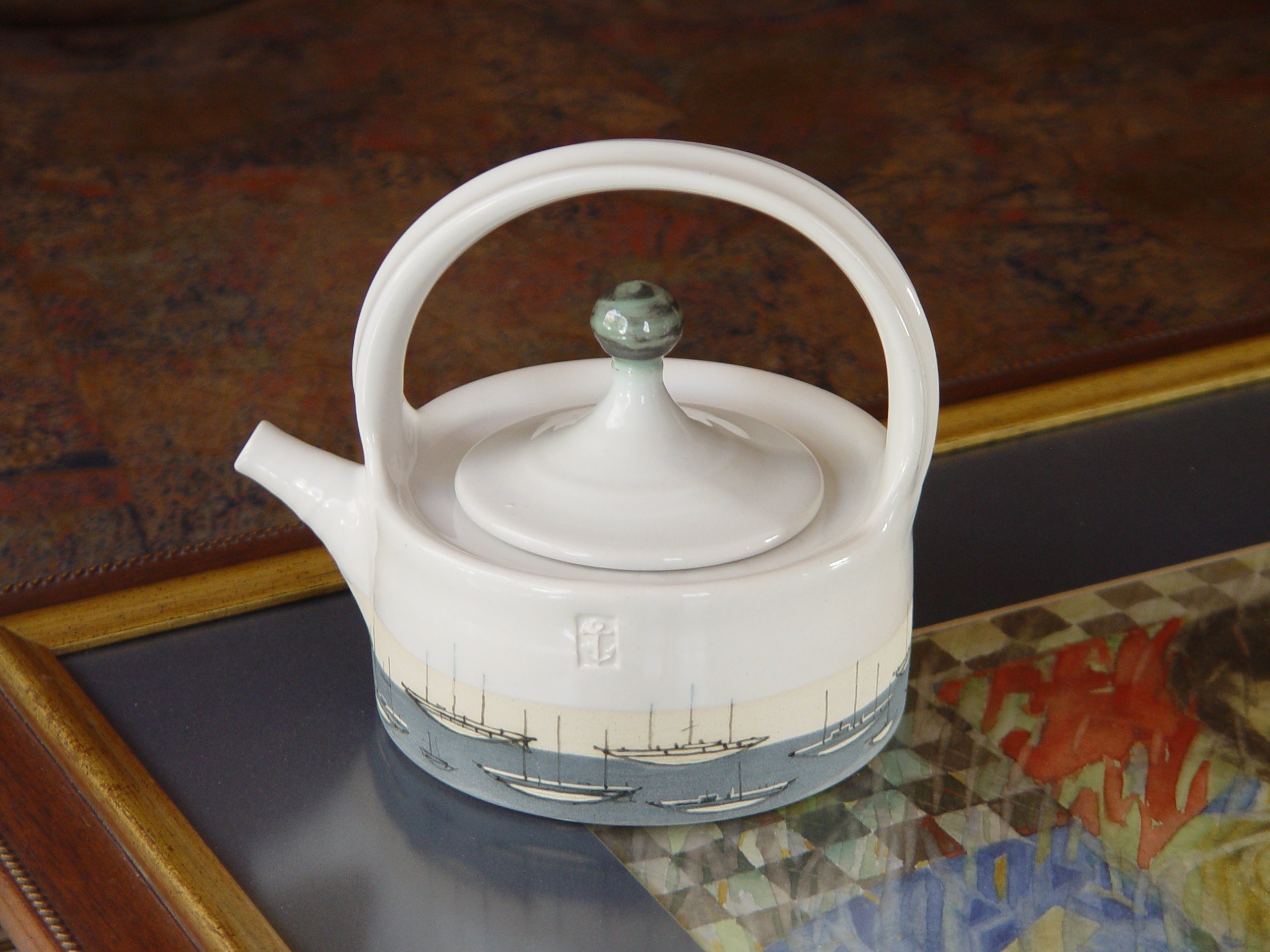 Stoneware Teapot Wheel Thrown Handmade Ceramic Tea Pot Ocean Theme