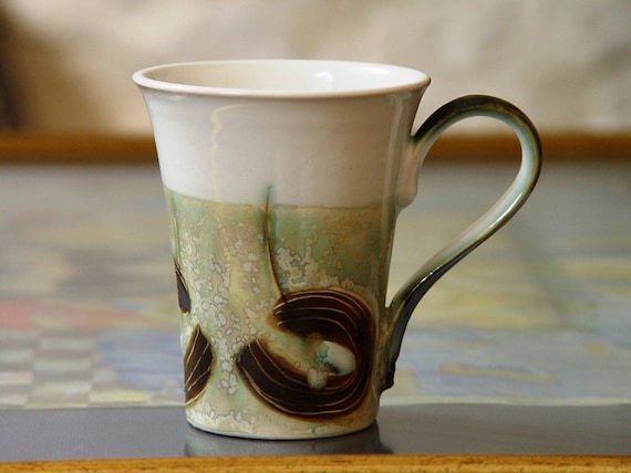 Elegant Handmade Stoneware Mug - Wheel Thrown, Hand Painted Ceramic Coffee/Tea Cup - Danko Pottery - Kitchen Decor - White, Green, Brown