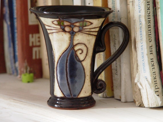 Handmade Cat Mug - Funny Pottery, Unique Wheel Thrown Ceramic Mug - Black Clay Mug - Cat Coffee Mug, Tea Cup - Gift for Cat Lovers