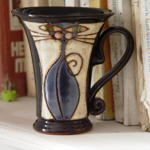 Handmade Cat Mug - Funny Pottery, Unique Wheel Thrown Ceramic Mug - Black Clay Mug - Cat Coffee Mug, Tea Cup - Gift for Cat Lovers