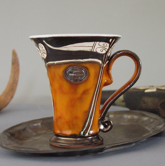 Orange Handmade Pottery Mug - 13oz Ceramic Coffee Cup - Autumn Teacup - Wheel-thrown & Handpainted in Europe