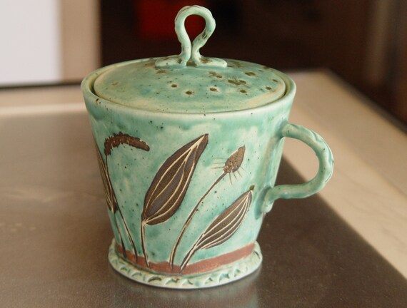 Christmas Gifts - Handmade Sugar Bowl with Plantago Plant - Lidded Pottery Canister - Sugar Basin - Sugar Cellar - Wild Herbs and Flowers